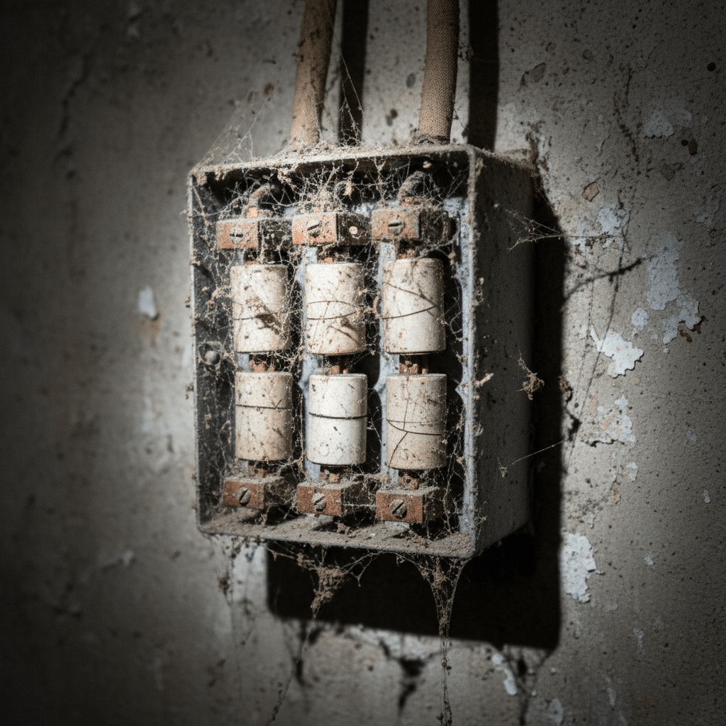 Alter Sicherungskasten der dringend erneuert werden muss wegen Kabelbrand Gefahr