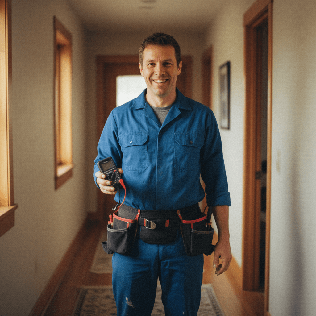 Freundlicher Elektriker bereit zum Sicherungskasten erneuern bei Kunden
